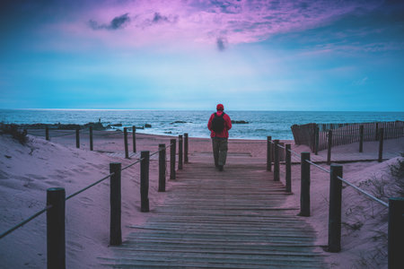 Silhouette of man on the beach goes to the sea during magical dramatic sunset. Man walking on the...
