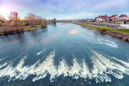 Rural landscape. River in early spring. Beautiful nature. Laura river, Digoin, Franceの写真素材