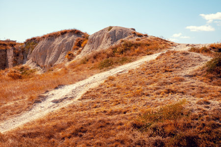 Road to the cliff edge. Desert landscape in hot summer. Wilderness