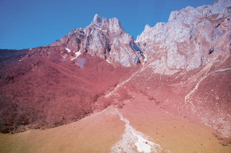 View from the cable car of the mountain range. National park Peaks of Europe (Picos de Europa)....