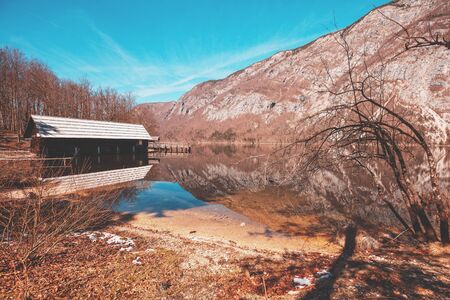 Mountain lake Bohinj. Beautiful spring nature of Slovenia, Europeの写真素材