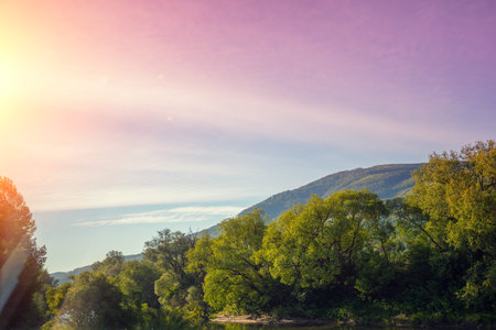 Silhouette of mountains on sky background on a sunny day. Beautiful nature landscape. Europe,...