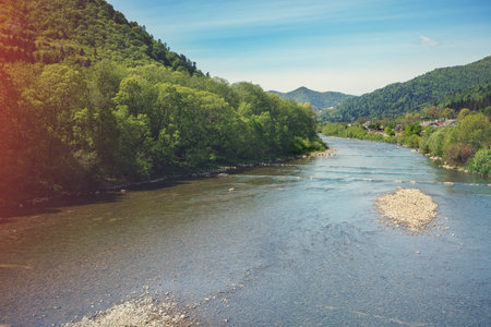 View of mountain river and valley in spring. Nature landscape.