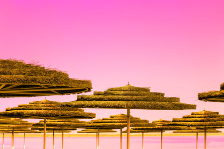 Tropical beach scenery with sun parasols. Straw sun umbrellas on the beach at sunrise. Summertime,...