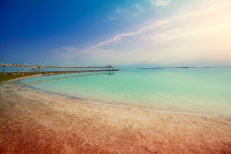 Seascape. The shore of the Dead Sea. Beach in the morning. Summerの写真素材