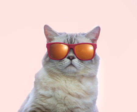 Ð¡at wearing sunglasses against the sky. Cat looking at the sunの写真素材