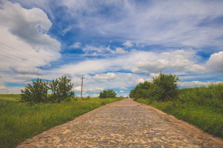 Cobblestone road through the field. Rural landscapeの写真素材