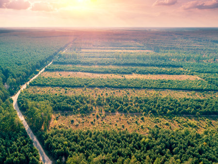Aerial view of the highway in a pine forest. Deforestation