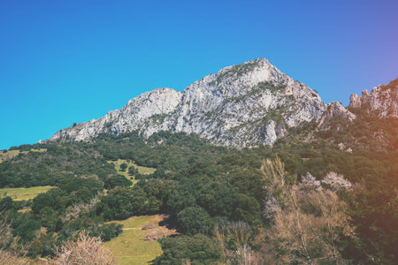 View of mountain range on a sunny day. National park Peaks of Europe (Picos de Europa). Teleferico Fuente De, Cantabria, Spain, Europeの写真素材