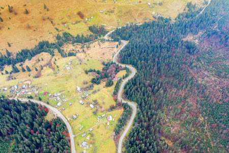 View from above of the mountain winding road in autumn. Carpathian mountains. Ukraine