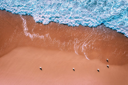 The surf on the sandy beach. View from above. Seagulls sit on the sandの写真素材