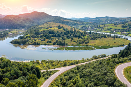Mountain landscape with Meander of the River in mountains valley in summerの写真素材