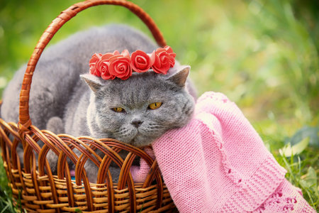 Cute blue British shorthair cat lying in a basket on the lawn in spring. The cat wearing red roses crownの写真素材