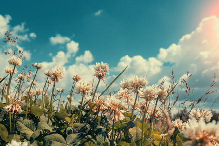 Flowering clover against the sky in summer. Vintage colorの写真素材