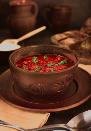 Russian cuisine. Borscht on the served table Ukrainian