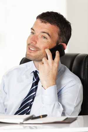 happy businessman on the phone in officeの写真素材