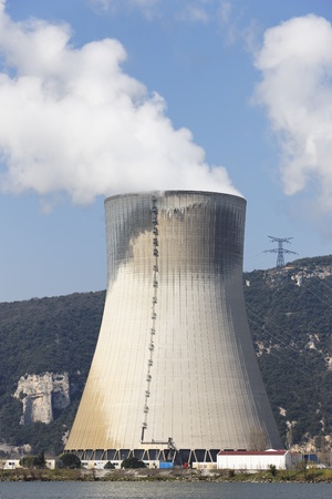 smokestack of nuclear plant and blue skyのeditorial素材