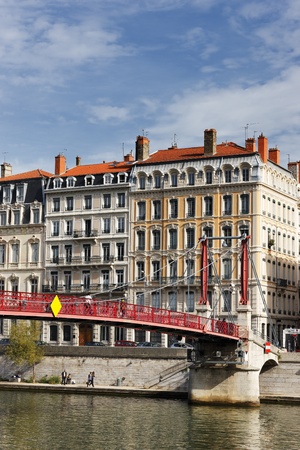 Lyon city with red footbridge in summerの写真素材