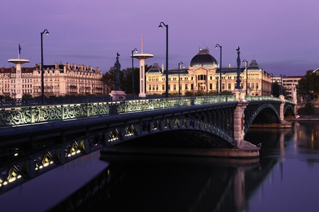 Bridge and University in Lyon by night in autumnのeditorial素材
