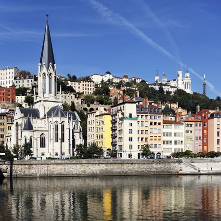 view of Lyon and Saone River in morningのeditorial素材
