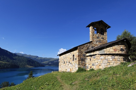 chapel in alpine mountain in summer, Franceの写真素材
