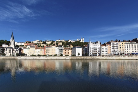 view of Lyon and Saone River in France, Europeの写真素材
