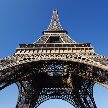 Part of famous Eiffel tower with blue sky in Parisの写真素材