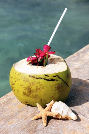 Coconut with drinking straw in summer の写真素材