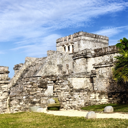 archaeological ruins of Tulum with blue skyの写真素材
