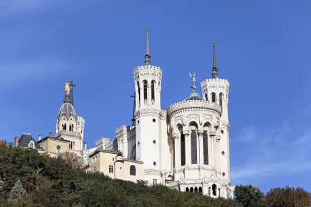 Lyon famous basilica in the big blue sky の写真素材