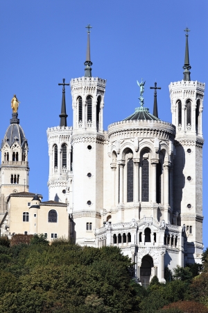 vertical view of Lyon basilica in the big blue sky の写真素材