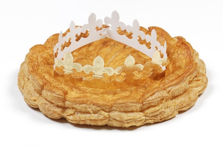 epiphany cake and crown isolated on white backgroundの写真素材