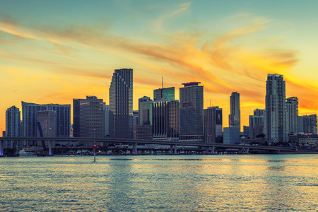 CIty of Miami Florida, business and residential buildings at sunsetの写真素材