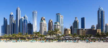 Panoramic view of famous skyscrapers and jumeirah beach in Dubai. UAEのeditorial素材