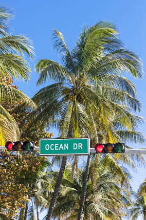 Famous Ocean Drive street sign with palm tree in Miami Beachの写真素材