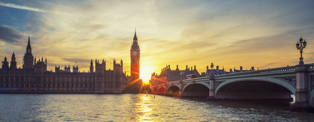 Famous Big Ben clock tower in London at sunset, panoramic view, UK.のeditorial素材