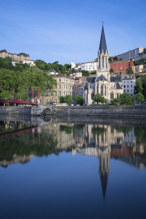 Vertical view of Saint-Georges church and Saone river, Lyon, Franceの写真素材