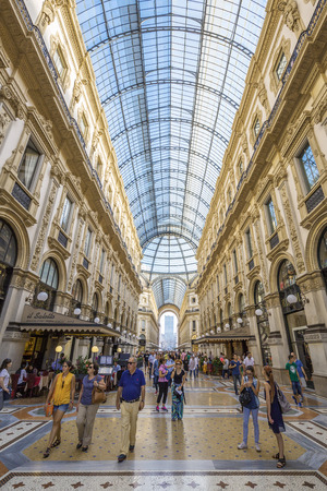 MILAN, ITALY - AUGUST 28 : View of Galleria Vittorio Emanuele II in Milan on August 28, 2015. Built in 1875 this gallery is one of the most popular shopping areas in Milan.のeditorial素材