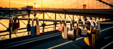 NEW YORK - JULY 11, 2015: Love locks on the Brooklyn Bridge, New York, with sunrise in the...