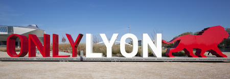LYON, FRANCE, November 5, 2015 : OnlyLyon, the city branding word in front of the "Musee des Confluences", a science and anthropology museum at the confluence of Rhone and the Saone rivers.のeditorial素材