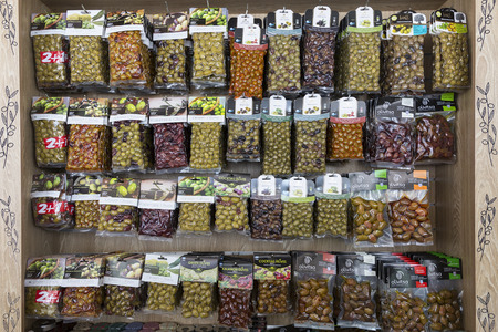 OIA, SANTORINI, GREECE - MAY 29, 2016:Traditional greek products in a small shop on the road at Santorini island, Greece.のeditorial素材