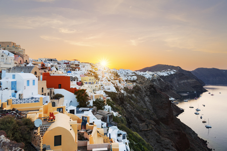View of Oia at sunrise, Santoriniの写真素材