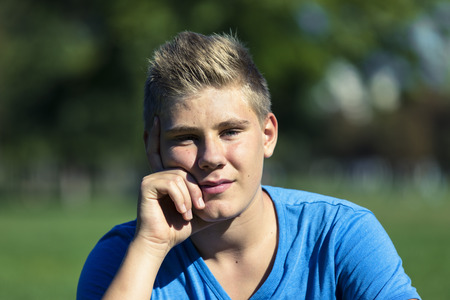 Portrait of a boy fourteen years of ageの写真素材