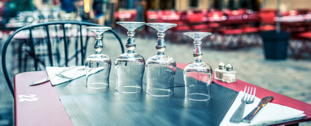 Wineglasses on a settle table outdoor