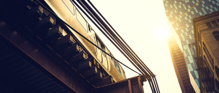 Panoramic view of train, building and sun in Chicago