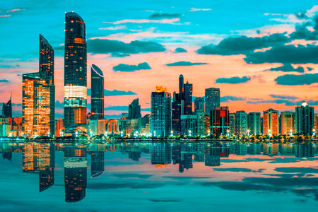 View of Abu Dhabi Skyline at sunset, United Arab Emiratesのeditorial素材