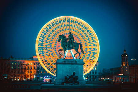 Famous Place Bellecour statue of King Louis XIV by night, Lyon Franceのeditorial素材