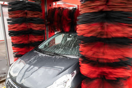 detail view on car wash, car wash foam water, Automatic car wash in actionの写真素材
