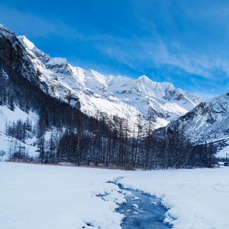 Stream in french alps mountain in winterの写真素材
