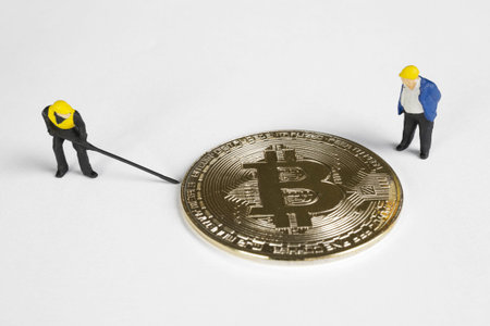 Two macro miner figures working on bitcoin. virtual cryptocurrency mining concept